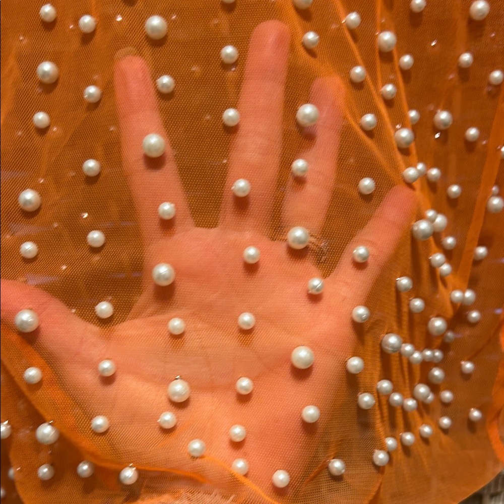 TOP CHIC Orange Pearl-Embellished Sheer Long Sleeve Top - Picture 3 of 7
